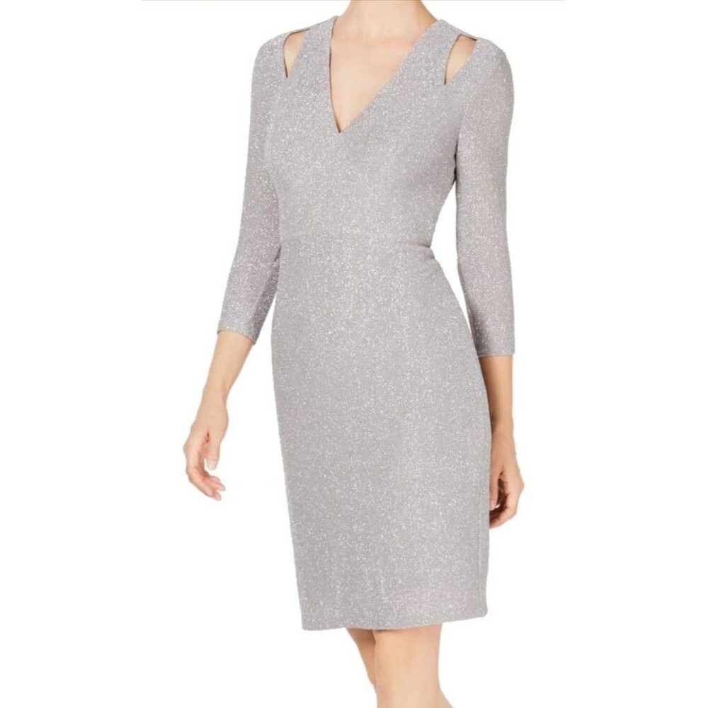 Calvin Klein Metallic Silver Cocktail Dress 12 NWT Cold Shoulder Sheath Shimmer